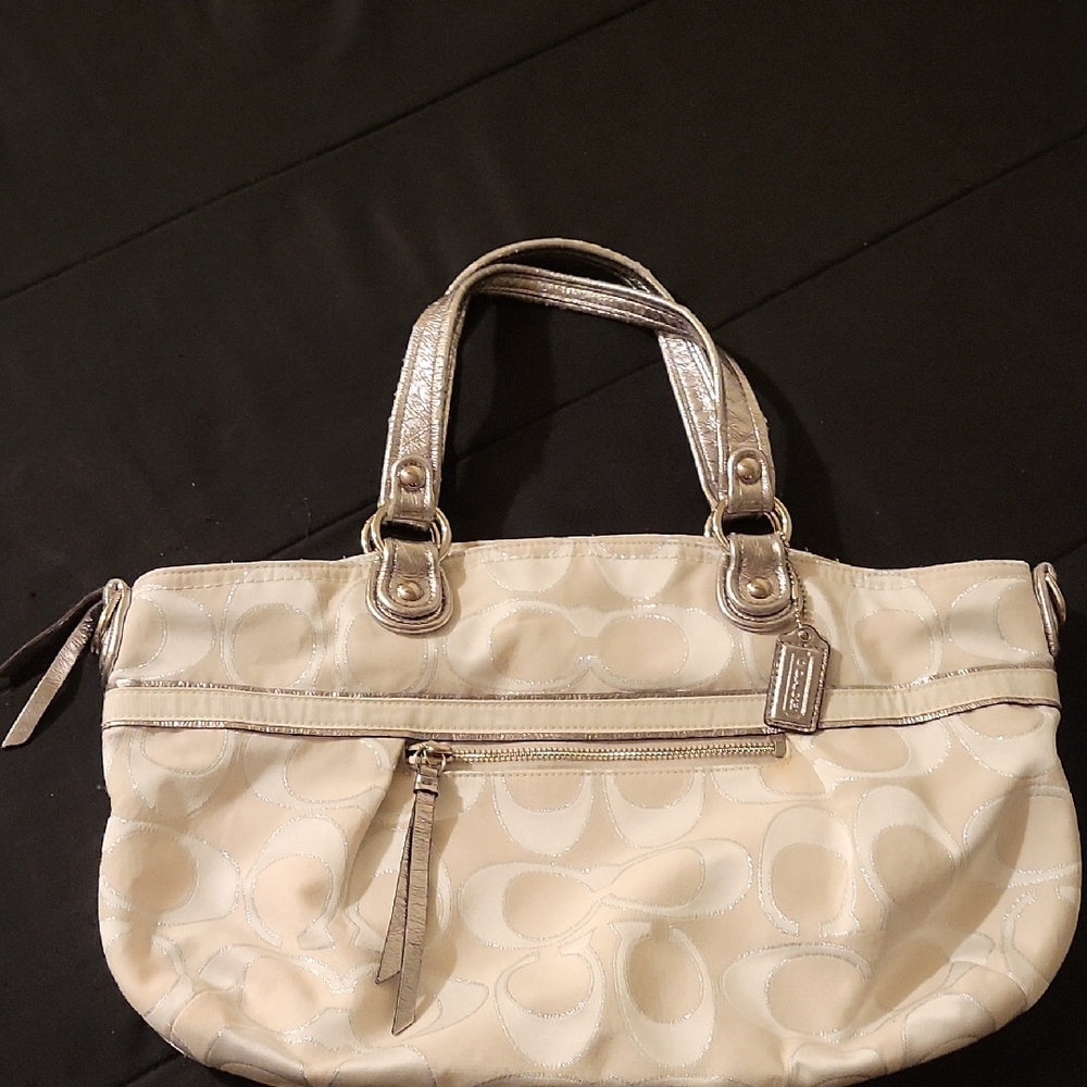 Elegant Cream White and Silver Metalic Coach Bag